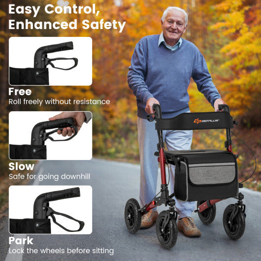 Goplus Walker for Seniors Folding Rollator Walker with 9" Pneumatic Tires for All Terrain Red
