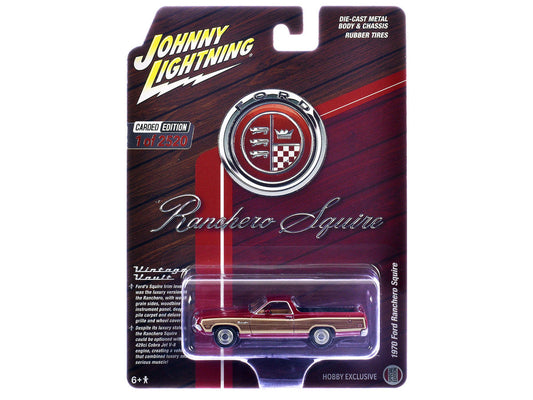 1970 Ford Ranchero Squire Red with Woodgrain Sides "Hobby Exclusive" Series Limited Edition to 2520 pieces Worldwide 1/64 Diecast Model Car by Johnny Lightning