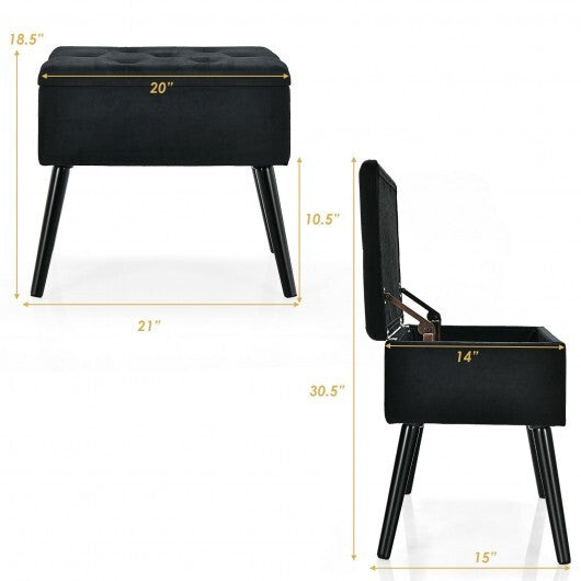 Velvet Storage Ottoman with Solid Wood Legs for Living Room Bedroom-Black - Color: Black