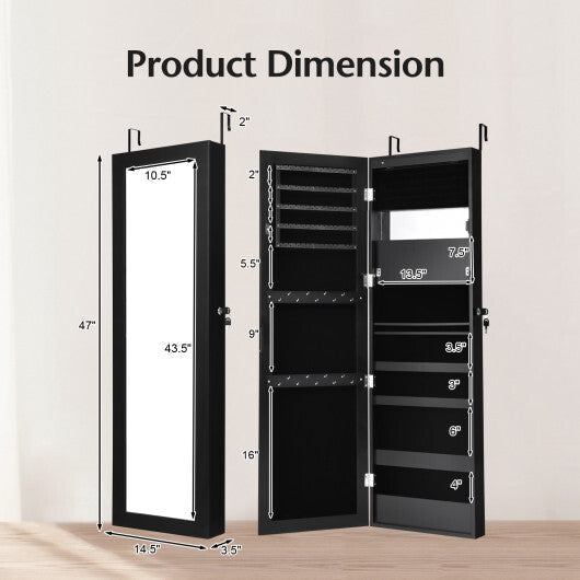 Lockable Wall Door Mounted Mirror Jewelry Cabinet w/LED Lights-Brown