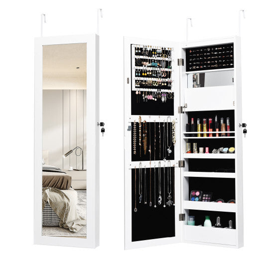 Lockable Wall Door Mounted Mirror Jewelry Cabinet w/LED Lights-Brown