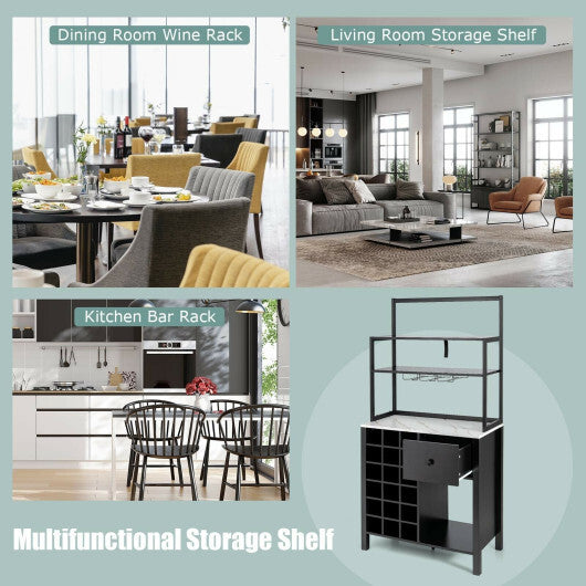 Kitchen Bakers Rack Freestanding Wine Rack Table with Glass Holder and Drawer-Black - Color: Black