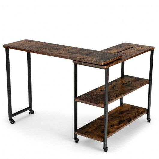 Large 360-Degree Free Rotating Sofa Side Table with Wheels and Storage Shelf-Rustic Brown - Color: Rustic Brown