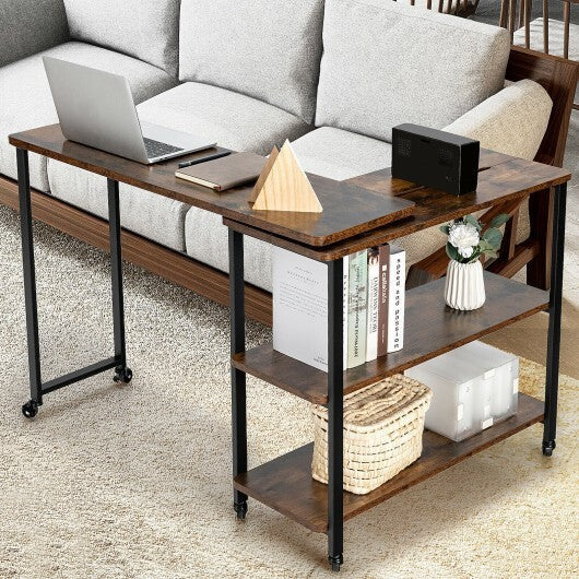 Large 360-Degree Free Rotating Sofa Side Table with Wheels and Storage Shelf-Rustic Brown - Color: Rustic Brown