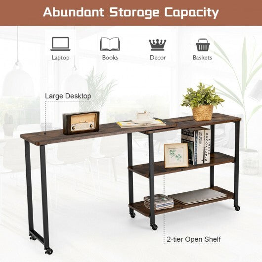 Large 360-Degree Free Rotating Sofa Side Table with Wheels and Storage Shelf-Rustic Brown