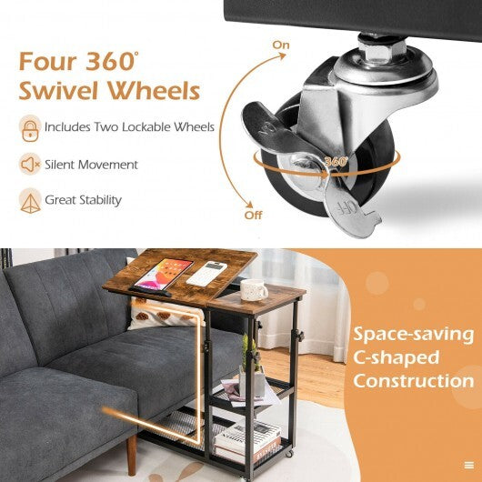 Adjustable C-Shaped Bedside Table-Rustic Brown - Color: Rustic Brown