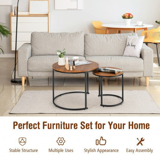 Set of 2 Modern Round Stacking Nesting Coffee Tables for Living Room-Light Brown - Color: Light Brown