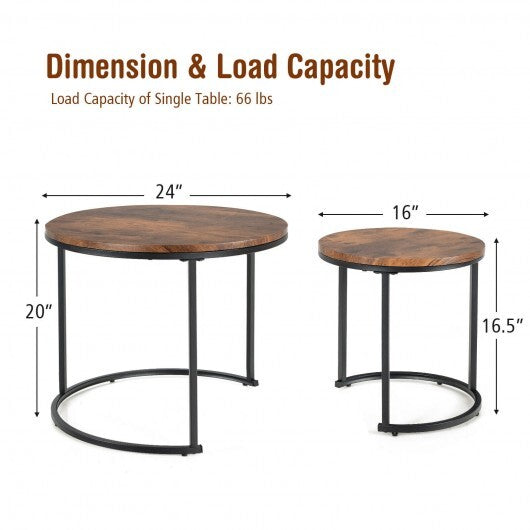 Set of 2 Modern Round Stacking Nesting Coffee Tables for Living Room-Rustic Brown - Color: Rustic Brown