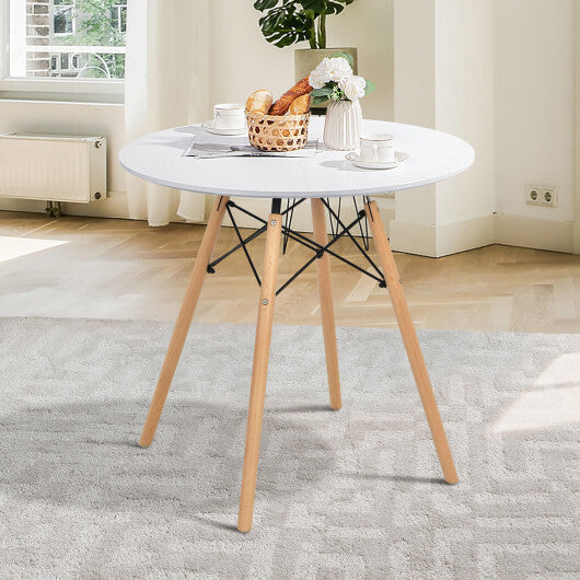 Round Modern Dining Table with Solid Wooden Leg-White - Color: White