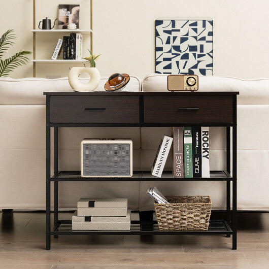 39.5 Inch Entryway Table with 2 Drawers and 2-Tier Shelves-Dark Brown - Color: Dark Brown