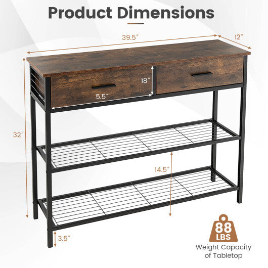 39.5 Inch Entryway Table with 2 Drawers and 2-Tier Shelves-Dark Brown