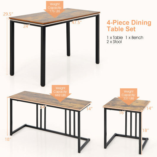 4 Pieces Space-Saving Dining Table Set with Bench and 2 Stools-Oak