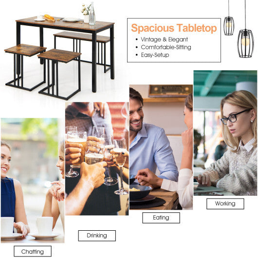 4 Pieces Space-Saving Dining Table Set with Bench and 2 Stools-Oak
