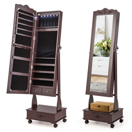 Rolling Floor Standing Mirrored Jewelry Armoire with Lock and Drawers-White