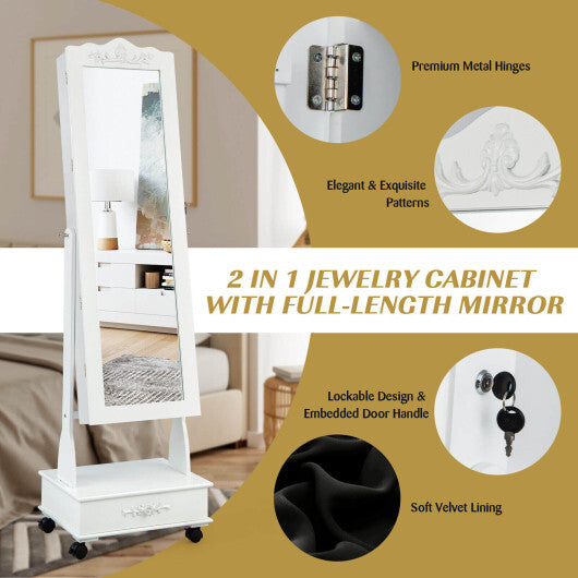 Rolling Floor Standing Mirrored Jewelry Armoire with Lock and Drawers-White - Color: White