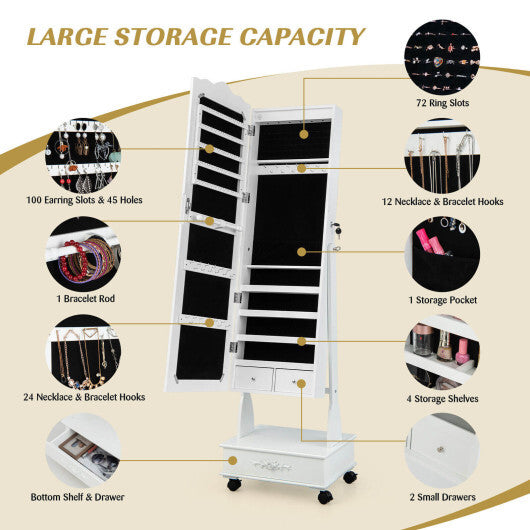 Rolling Floor Standing Mirrored Jewelry Armoire with Lock and Drawers-White - Color: White