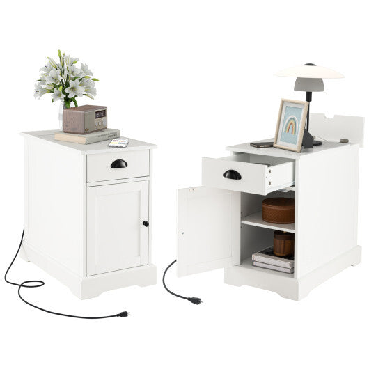 End Table with Charging Station and Flip Top-White