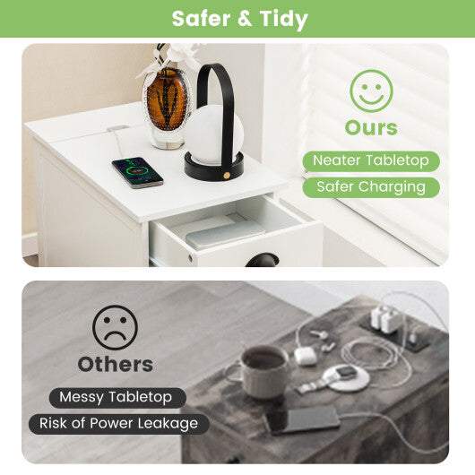 End Table with Charging Station and Flip Top-White