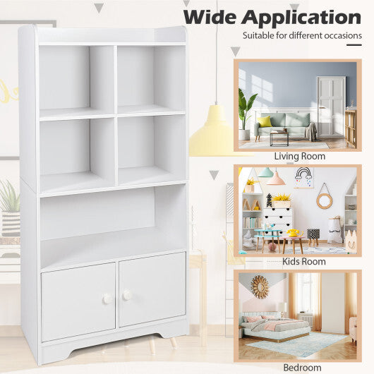 4 Tiers Bookshelf with 4 Cubes Display Shelf and 2 Doors-White - Color: White