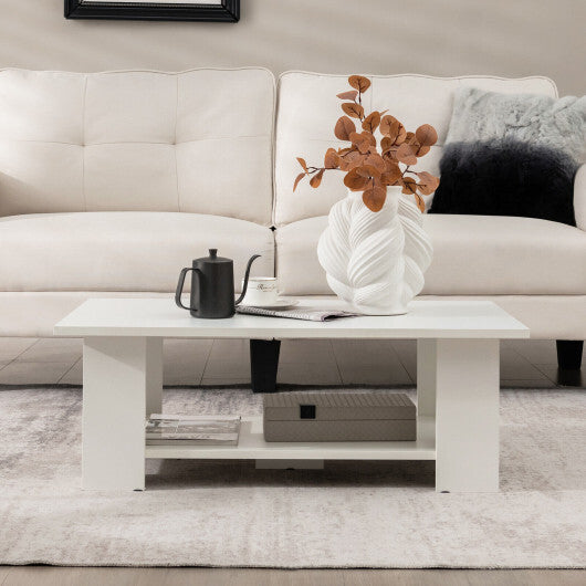 Large 36 Inch 2-Tier Wooden Modern Coffee Table with Storage Shelf-White - Color: White