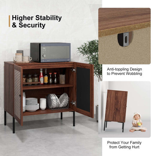 Kitchen Sideboard with 2 Rattan Doors and Adjustable Shelf-Walnut