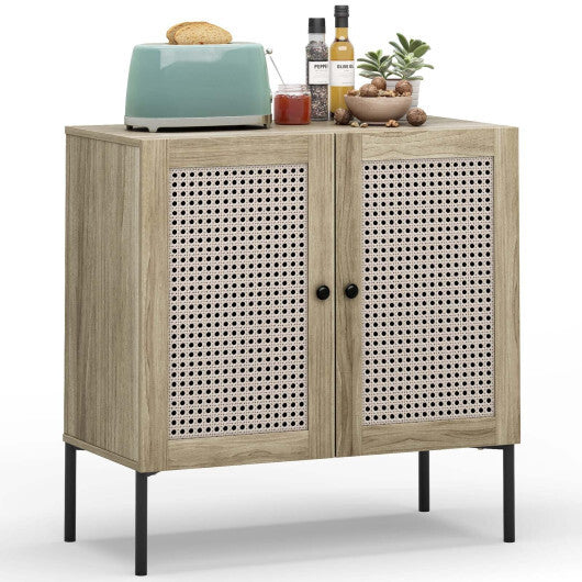 Kitchen Sideboard with 2 Rattan Doors and Adjustable Shelf-Walnut