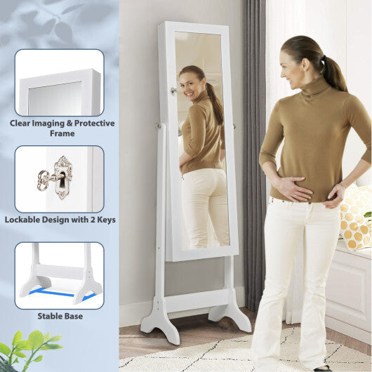Lockable Mirrored Jewelry Cabinet Armoire Storage Organizer Box-White - Color: White