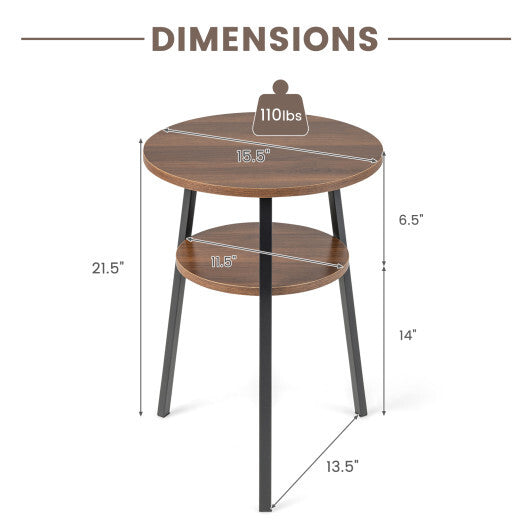 2-Tier Round End Table Set of 2 with Open Shelf and Triangular Metal Frame-Walnut