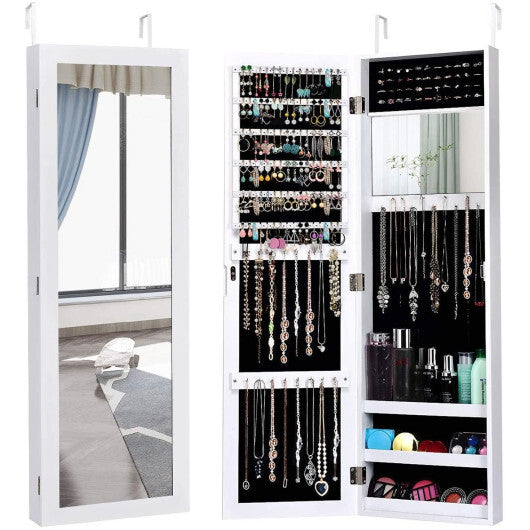 Full Length Mirror Jewelry Cabinet with Ring Slots and Necklace Hooks-White - Color: White