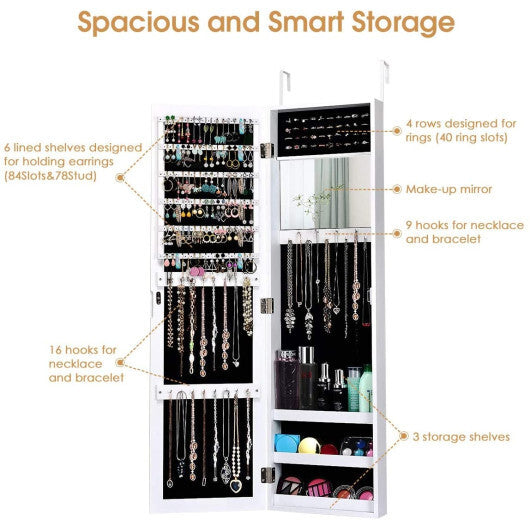 Full Length Mirror Jewelry Cabinet with Ring Slots and Necklace Hooks-White - Color: White