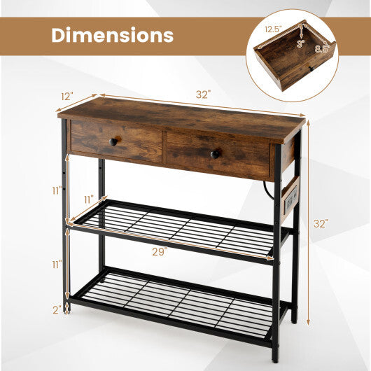 Narrow Console Table with 2 Drawers and 2 Metal Mesh Shelves-Gray