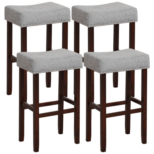 2 Set of 29 Inch Height Upholstered Bar Stool with Solid Rubber Wood Legs and Footrest-Beige