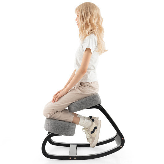 Wooden Ergonomic Backless Rocking Kneeling Chair with Padded Cushion-Gray