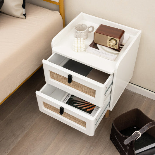 Modern End Table Bedside Table with 2 Rattan Decorated Drawers-White