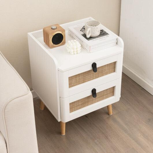 Modern End Table Bedside Table with 2 Rattan Decorated Drawers-White