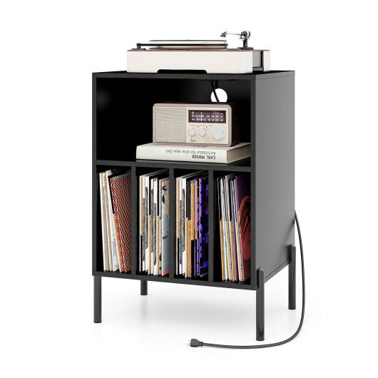 Record Player Stand with Record Storage Shelf and Charging Station-Natural