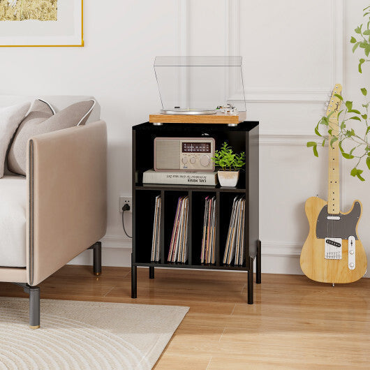 Record Player Stand with Record Storage Shelf and Charging Station-Natural