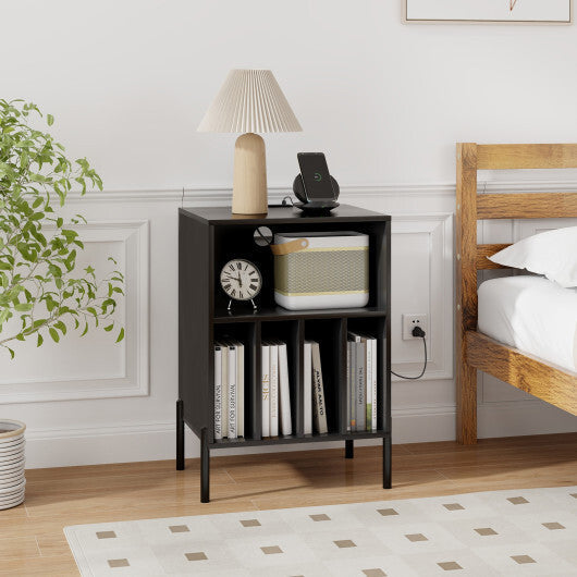 Record Player Stand with Record Storage Shelf and Charging Station-Natural