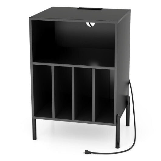 Record Player Stand with Record Storage Shelf and Charging Station-Natural