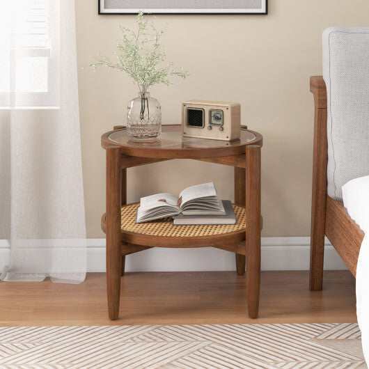 Rattan Round Side End Table with Tempered Glass Tabletop-Black