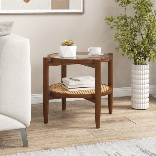Rattan Round Side End Table with Tempered Glass Tabletop-Black