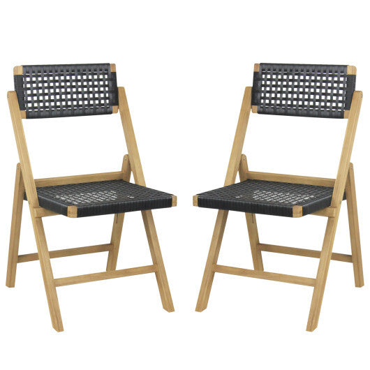 Set of 2 Folding Chairs Indonesia Teak Wood Dining Chairs with Woven Rope Seat and Back