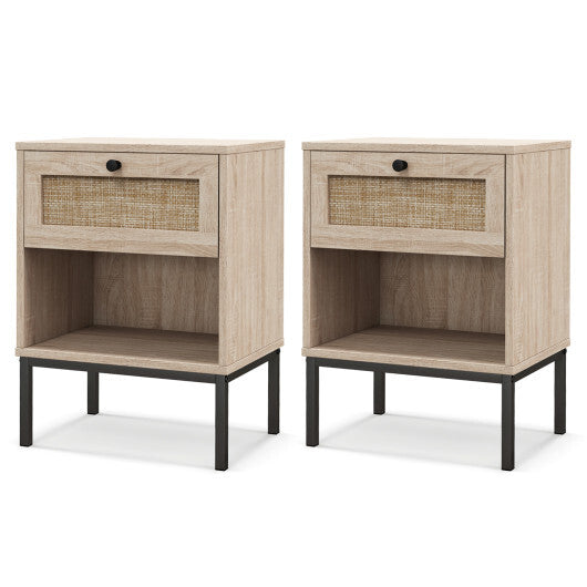 Rattan Nightstand Boho End Table with Rattan Drawer and Open Shelf Set of 2-White