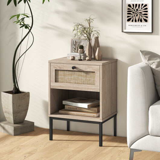 Rattan Nightstand Boho End Table with Rattan Drawer and Open Shelf Set of 2-White