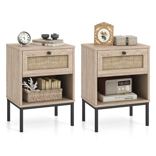 Rattan Nightstand Boho End Table with Rattan Drawer and Open Shelf Set of 2-White