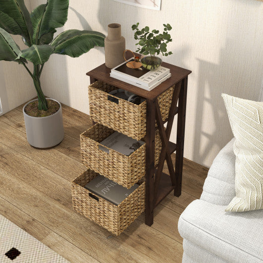 4-Tier Nightstand with 3 Seagrass Baskets Narrow X-Design-4 Tier-White