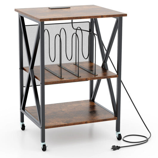 Mid-Century Record Player Stand with Built-in Charging Station-Gray