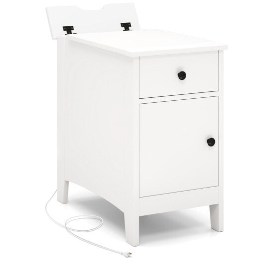 Flip Top End Table with Charging Station USB Ports Outlets and Drawer-White