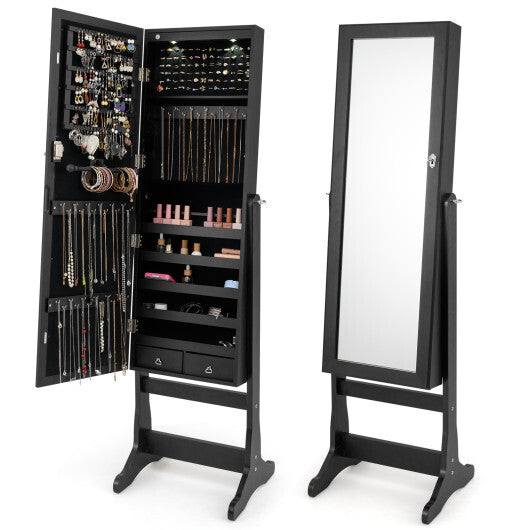 Lockable Freestanding Jewelry Cabinet Armoire with Full-Length Mirror and Lights-White