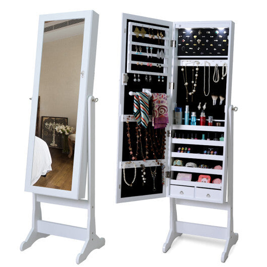 Lockable Freestanding Jewelry Cabinet Armoire with Full-Length Mirror and Lights-White